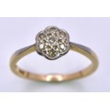 AN 18K YELLOW GOLD AND PLATINUM VINTGE CLUSTER DIAMOND RING. SIZE R, 3.1G TOTAL WEIGHT. Ref: SC