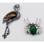 Two Animal Gemstone Brooches: A Tigers Eye Flamingo and a Marcasite Spider! Both set in decorative
