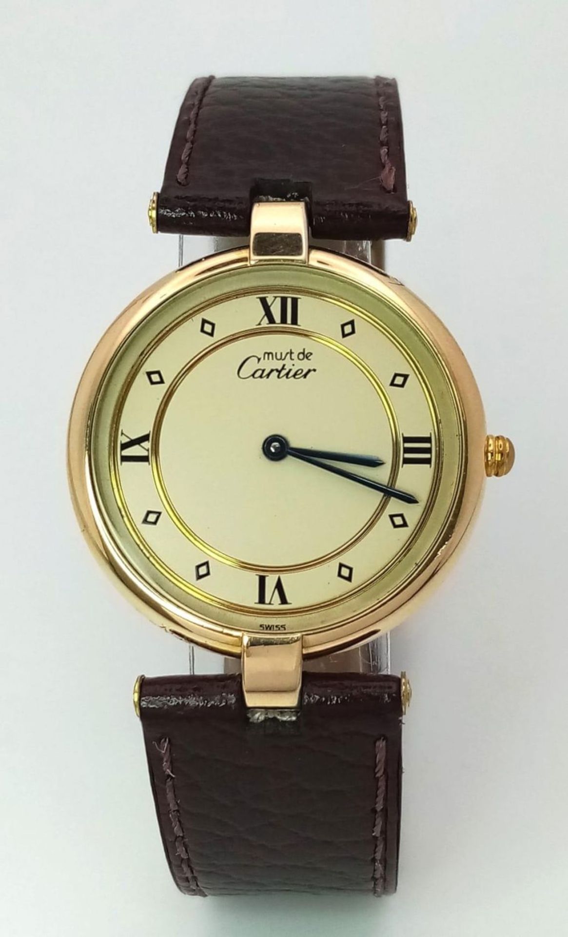 A Must de Cartier Quartz Gents Vermeil 925 Silver Watch. Brown leather strap. Vermeil case - 30mm. - Bild 2 aus 6