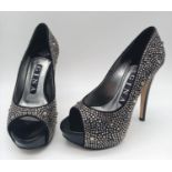 A Genuine Pair of â€˜Ginaâ€™ Open Toe Black Satin Crystal Set Platform Shoes Size 3 UK (36