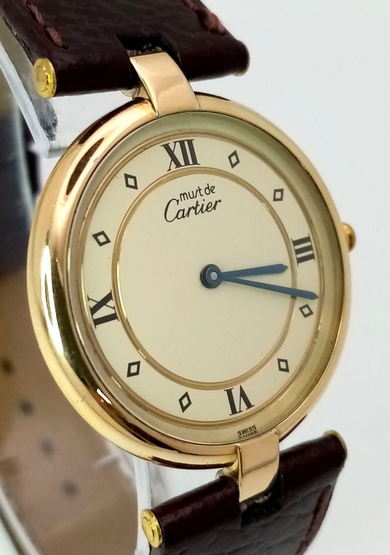 A Must de Cartier Quartz Gents Vermeil 925 Silver Watch. Brown leather strap. Vermeil case - 30mm. - Bild 3 aus 6