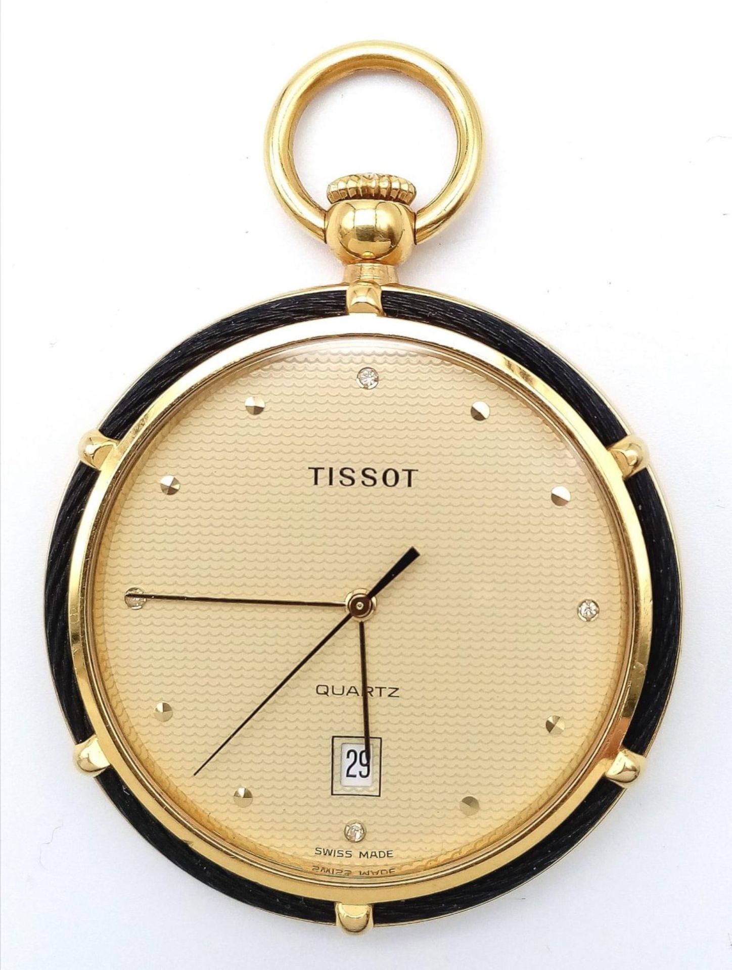 A Tissot Gold Plated Pocket/Pendant Watch. 42mm diameter. Gilded dial with date window. Quartz