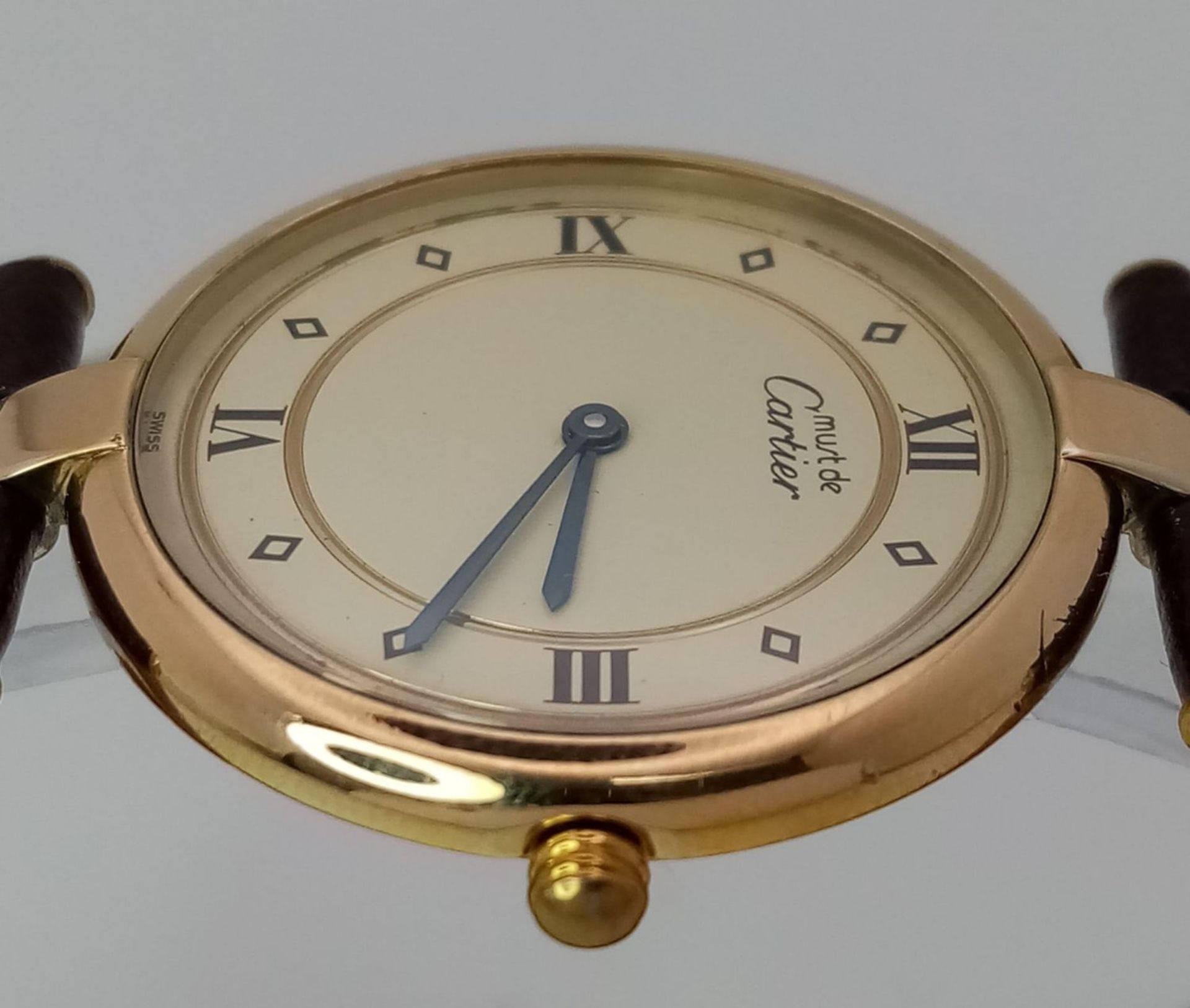 A Must de Cartier Quartz Gents Vermeil 925 Silver Watch. Brown leather strap. Vermeil case - 30mm. - Bild 4 aus 6