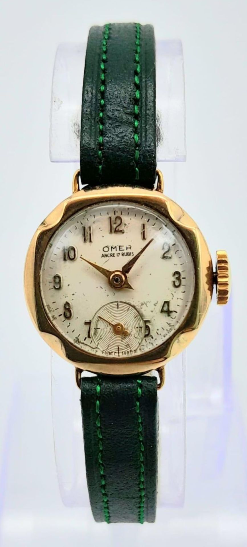 A Vintage Omer 9K Gold Cased Ladies Watch. New green leather strap. 9K gold case - 21mm. White - Bild 2 aus 5