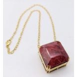 A Square-Cut 237ct Ruby Pendant in Gold Plated 925 Silver on a Gold Plated 925 Chain. Pendant 3cm