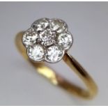 18k yellow gold old cut diamond flower cluster ring, 2.7g, size Q (7 diamonds each with a 3mm spread