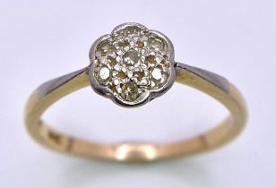 AN 18K YELLOW GOLD AND PLATINUM VINTGE CLUSTER DIAMOND RING. SIZE R, 3.1G TOTAL WEIGHT. Ref: SC 7026