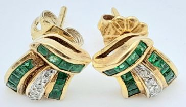 A Pair of 9K Yellow Gold Diamond and Emerald Stud Earrings. 1.1cm length, 2.1g total weight. Ref: