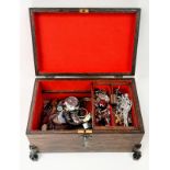 A Vintage Wooden Jewellery Box with Working Lock and Key. Full of a potpourri of items - from