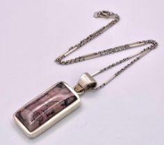 A Vintage and Unique Sterling Silver Rhodonite Pendant Necklace. 37cm Length Sterling Silver Bar