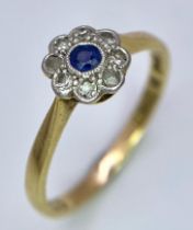 A 18K YELLOW GOLD VINTAGE DIAMOND & SAPPHIRE RING, IN THE FLORAL DESIGN 1.8G SIZE J 1/2 ref: SC 1123