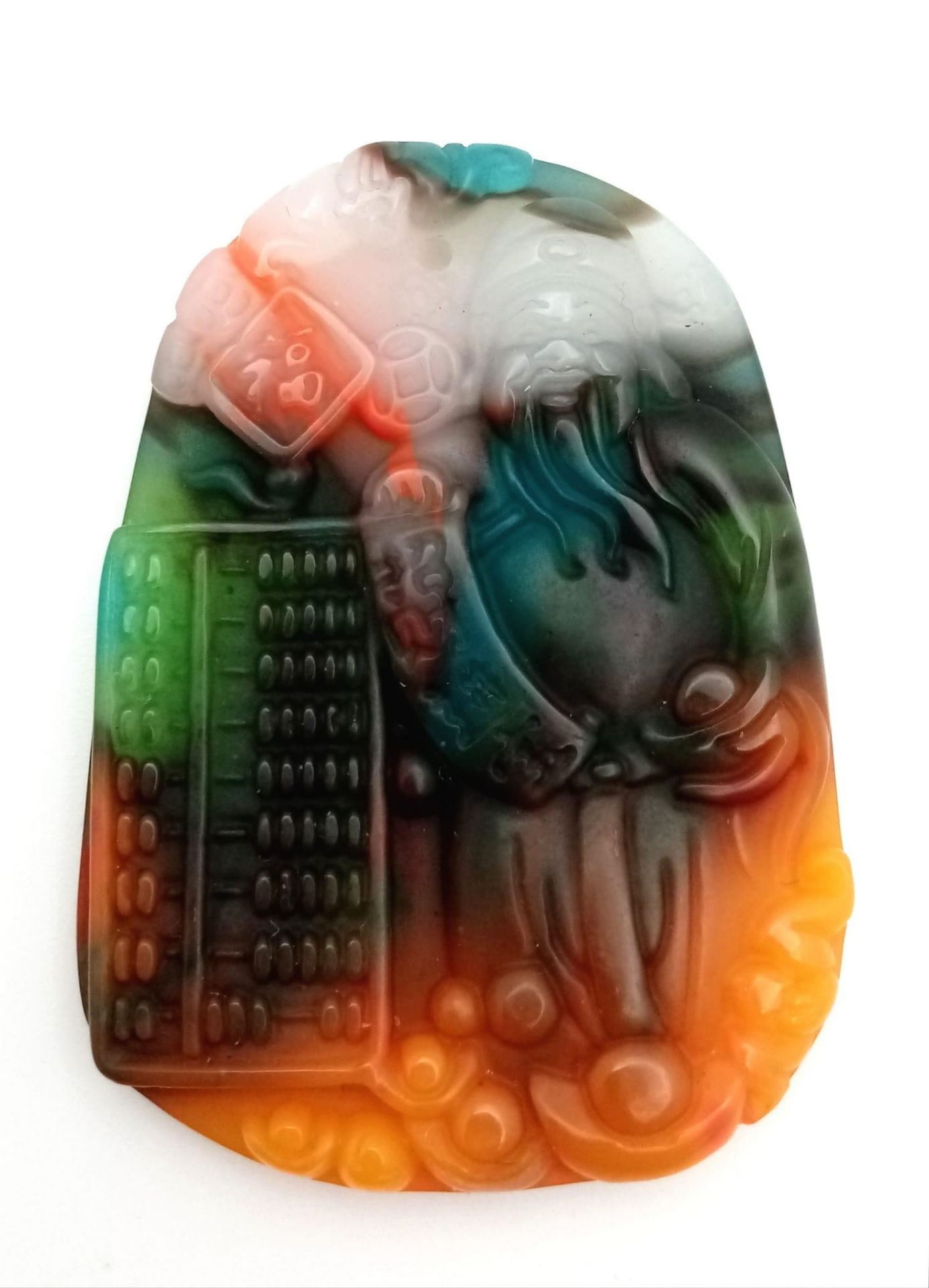 A Chinese Multi-Colour Jade 'Good Financial Luck' Decorative Abacus Pendant. 5cm.