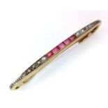 A 18K YELLOW GOLD VINTAGE DIAMOND & RUBY BAR BROOCH 2.5G 4.1cm ref: SC 1104