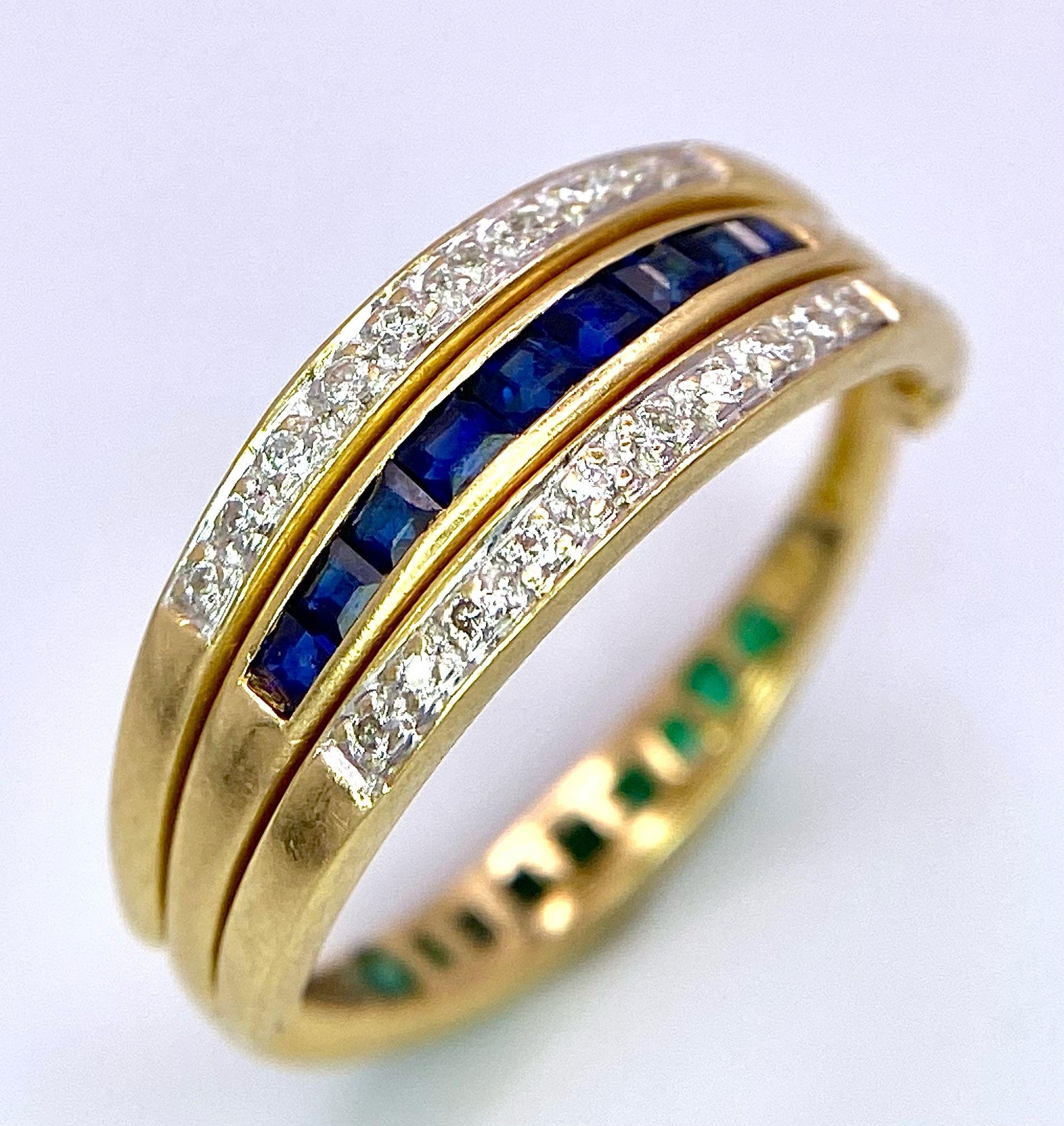 A very interesting 18 K yellow gold ring with two emerald bars and two rotating diamond bars that - Image 10 of 13
