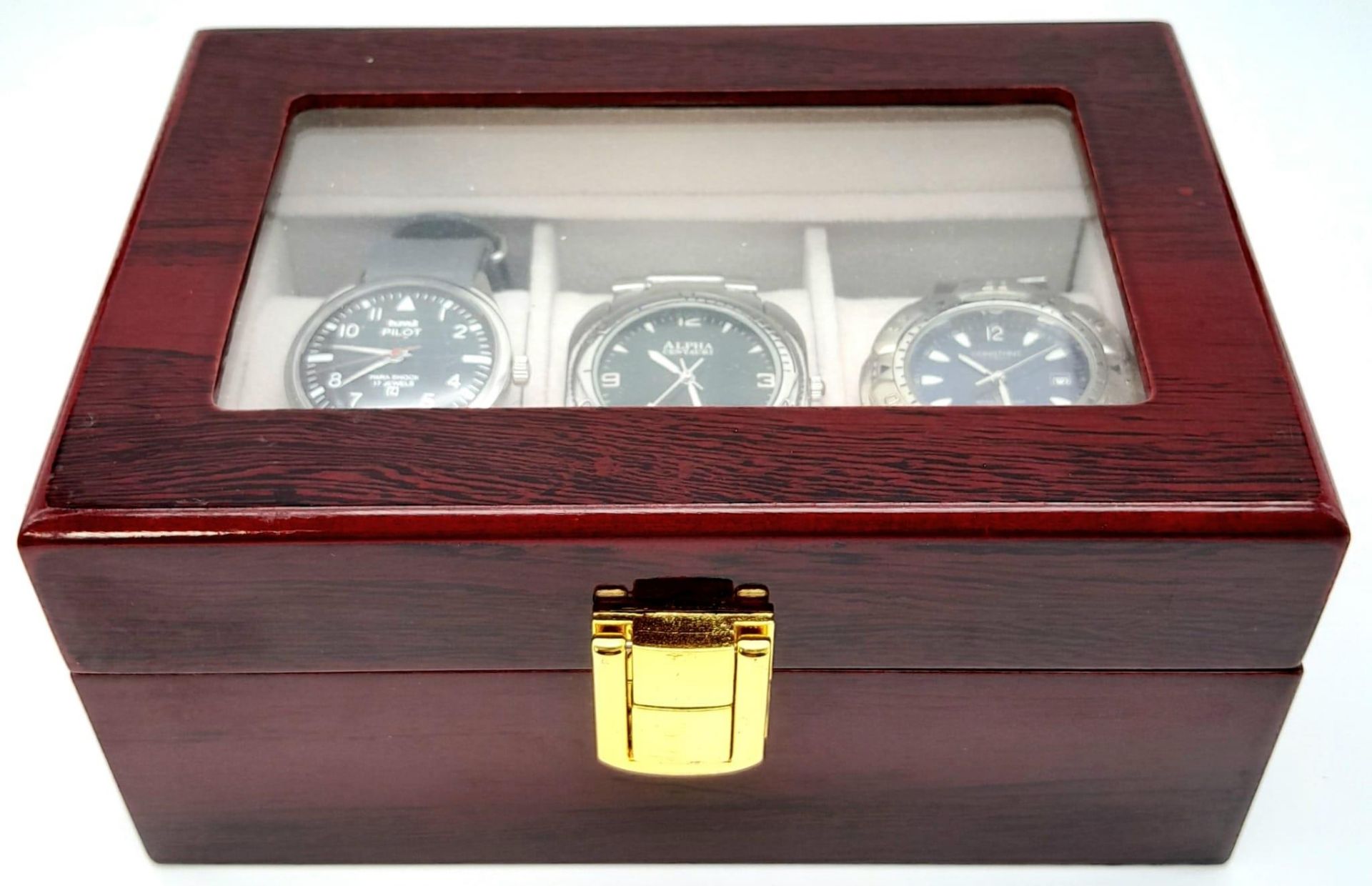 A Parcel of Three Men’s Watches Contained in a Piano Wood Finish Three Watch Travel Display Case. - Image 3 of 8