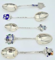Five Decorative Sterling Silver Placename Spoons. London, Bournemouth, Whitby, Worcester and