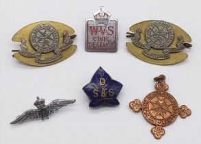 Collection of six war badges. 1) 2x WW2 British Home Front St John Ambulance Brigade Pin Back with