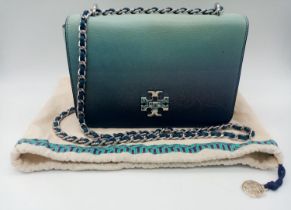 A Tory Blue Pastel Blend Burch Shoulder Bag. Leather exterior with silver-toned hardware, chain