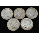 Five 1964 Kennedy Silver Half Dollar Coins. Please see photos for conditions.