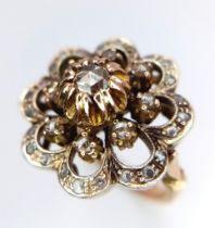 A 14K YELLOW GOLD VINTAGE OLD CUT DIAMOND CLUSTER RING, IN THE FLORAL DESIGN 0.30CT 7.3G SIZE M 1/