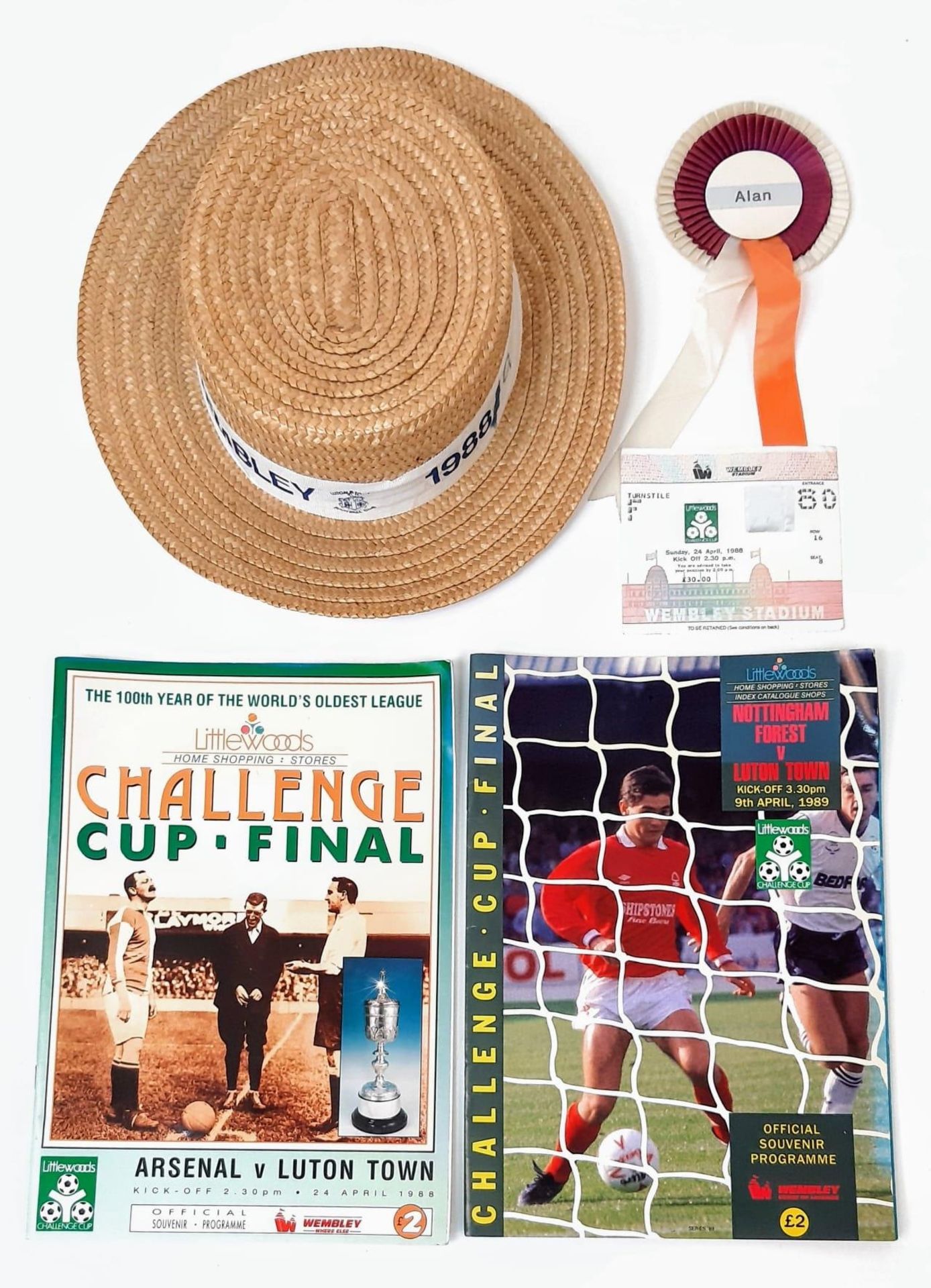 A 1988 Luton Town V Arsenal Wembley Programme, Match Ticket, Straw Hat and Rosette Plus the