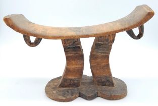 An Rare and Unique Antique Hand Carved Oriental Hard Wood Head Rest. 25cm Wide