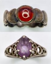 2X vintage sterling silver solitaire rings include an Amethyst ring with ornate shoulder. Full