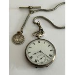 Antique SILVER OPEN FACE POCKET WATCH With Albert T-bar chain and coin fob. The pocket watch