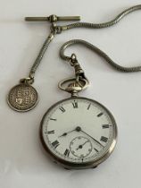 Antique SILVER OPEN FACE POCKET WATCH With Albert T-bar chain and coin fob. The pocket watch