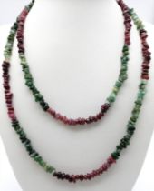 A Rough Natural Ruby and Emerald Gemstone Matinee Length Necklace. 90cm length
