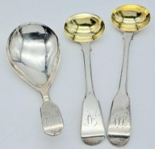 Three Antique Georgian Sterling Silver Condiment Spoons. Makers marks include Richard Ruggs and