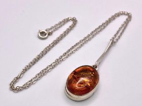 A Vintage Sterling Silver Secret Locket Amber Cabochon Pendant Necklace. 42cm Length Chain.