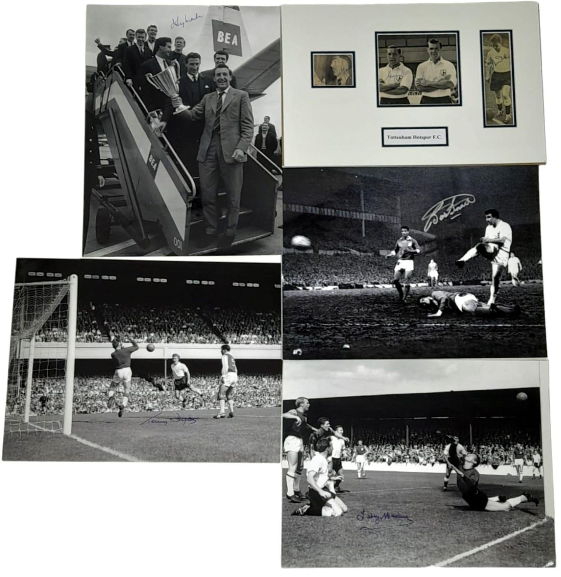 A MOUNTED PRESNTATION WITH AUTOGRAPHED PHOTOS OF BLANCHFLOWER , ROBB , DUQUEMIN AND JOHN WHITE
