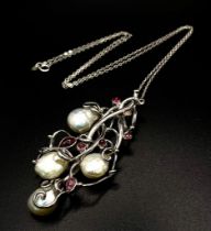 A Stunning Unworn Baroque Pearl and Pink Tourmaline Pendant Statement Necklace. 50cm Length Chain.
