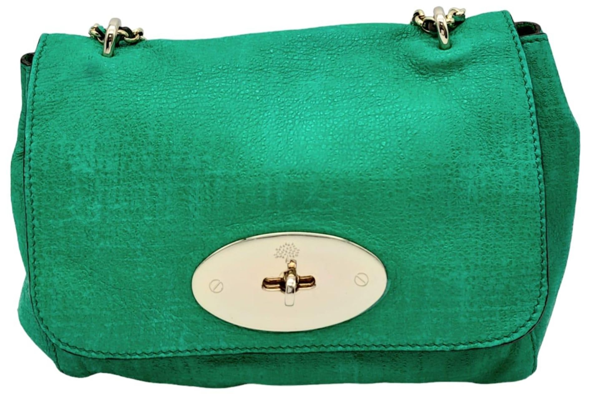 A green Mulberry Lily mini bag with gold tone hardware and matching strap. Size approx. 20x18x8cm.