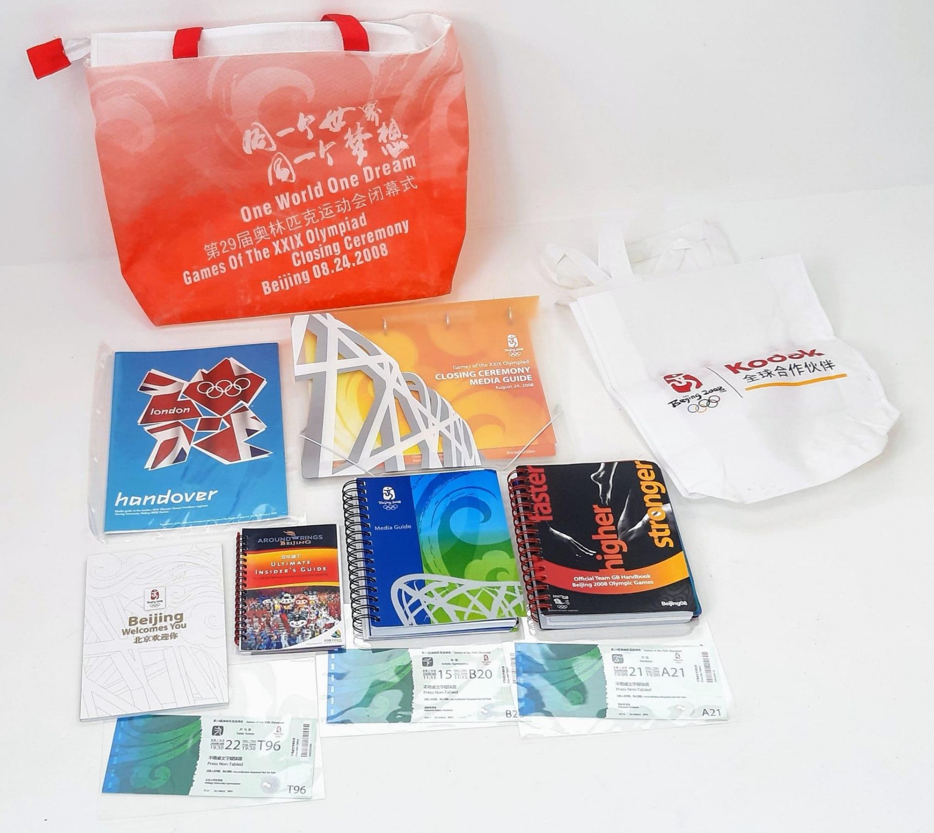 A Beijing 2008 Olympics Press/Media Pack. Includes tickets, brochures and other collectibles.