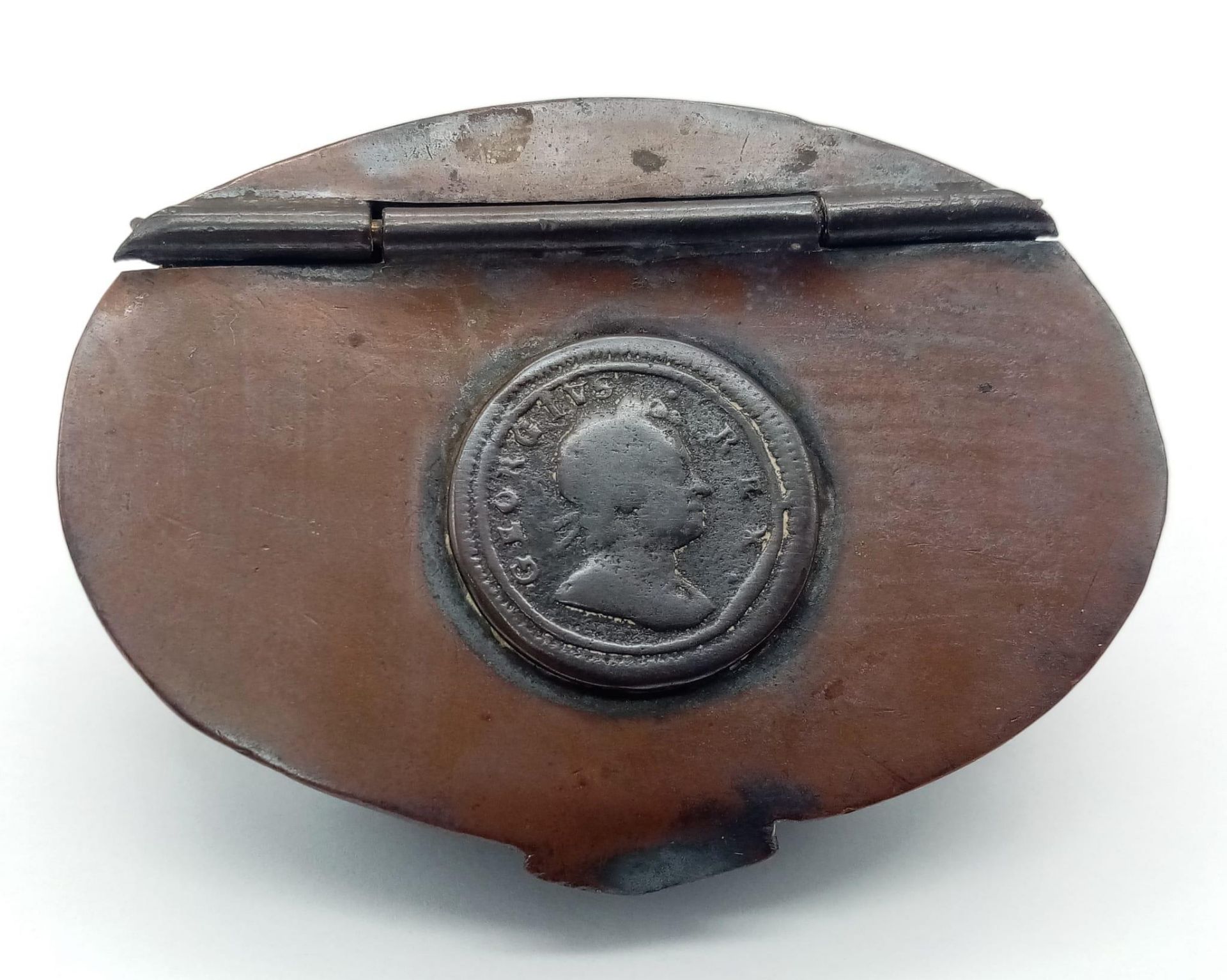 A Rare Antique Hinge Lid, Coin Inset, Oval Snuff Box. 7cm Length.