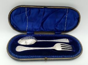 An antique Victorian sterling silver fork and spoon with nicely floral engraved. Come with full