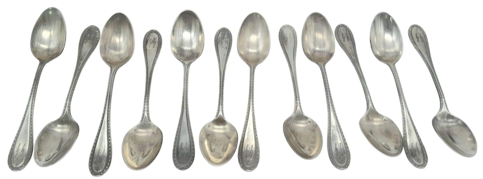 3rd Reich Waffen SS Set of 12 Silver Spoons with makers mark one the bowls. Tested as .800 Silver. - Bild 2 aus 4