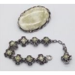 A Large Oval Moss Agate Brooch with a Moss Agate Bracelet.