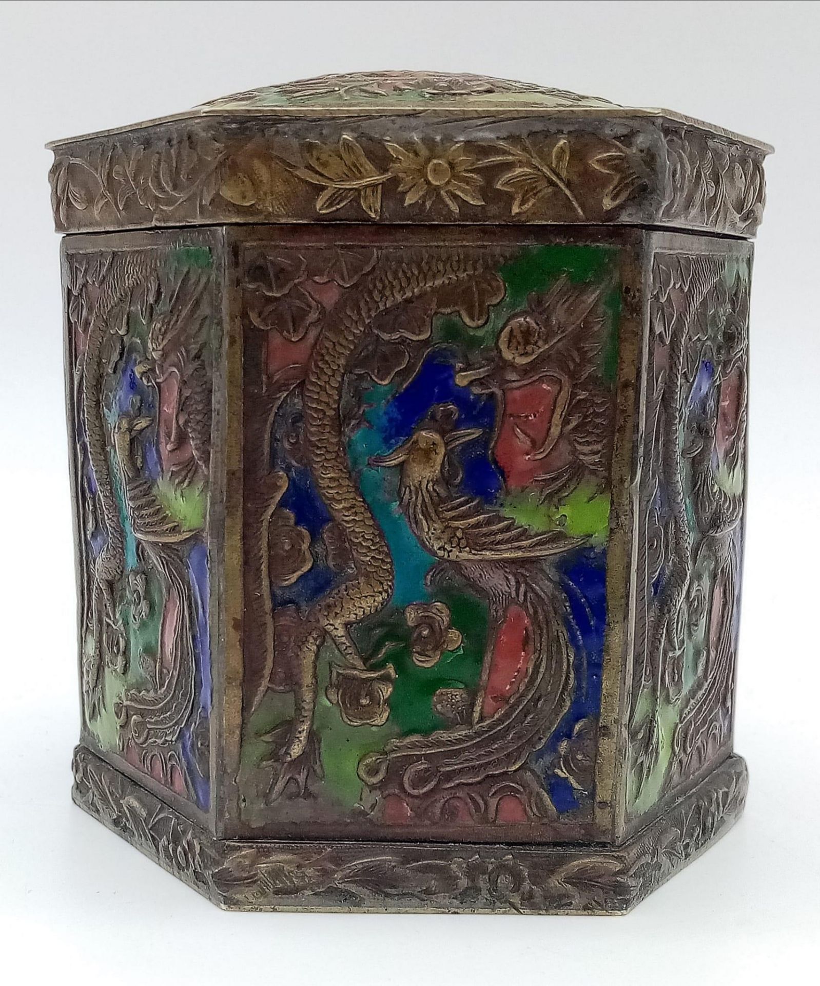 A beautiful antique Chinese Bronze Tea Caddy. Stunning enamel work incorporating Dragons & Phoenix