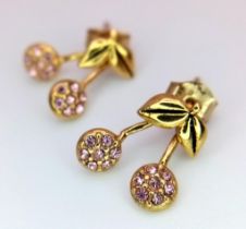A Pair of 9K Yellow Gold Pink Stone 'Cherry Drop' Earrings. 1.34g total weight.