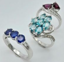 Three 925 Silver Gemstone Rings: Sapphire - R, Aquamarine - N and Ruby - N. 11.75g total weight.