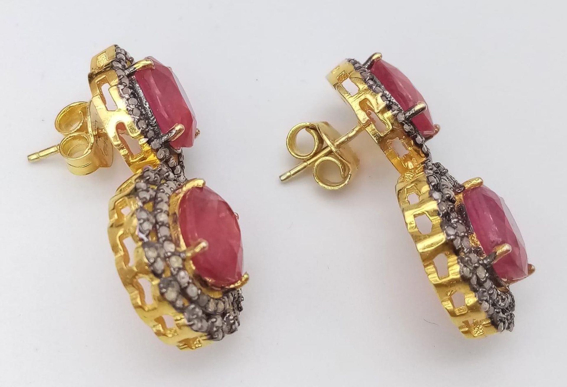 A Pair of Ruby and Diamond Gemstone Dangler Earrings set in Gilded 925 Silver. Ruby - 15ctw and - Image 2 of 7