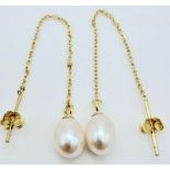 A Pair of Yellow Gold Plated, Sterling Silver Pearl Drop Earrings. approx 1.3g , 5.7cm drop