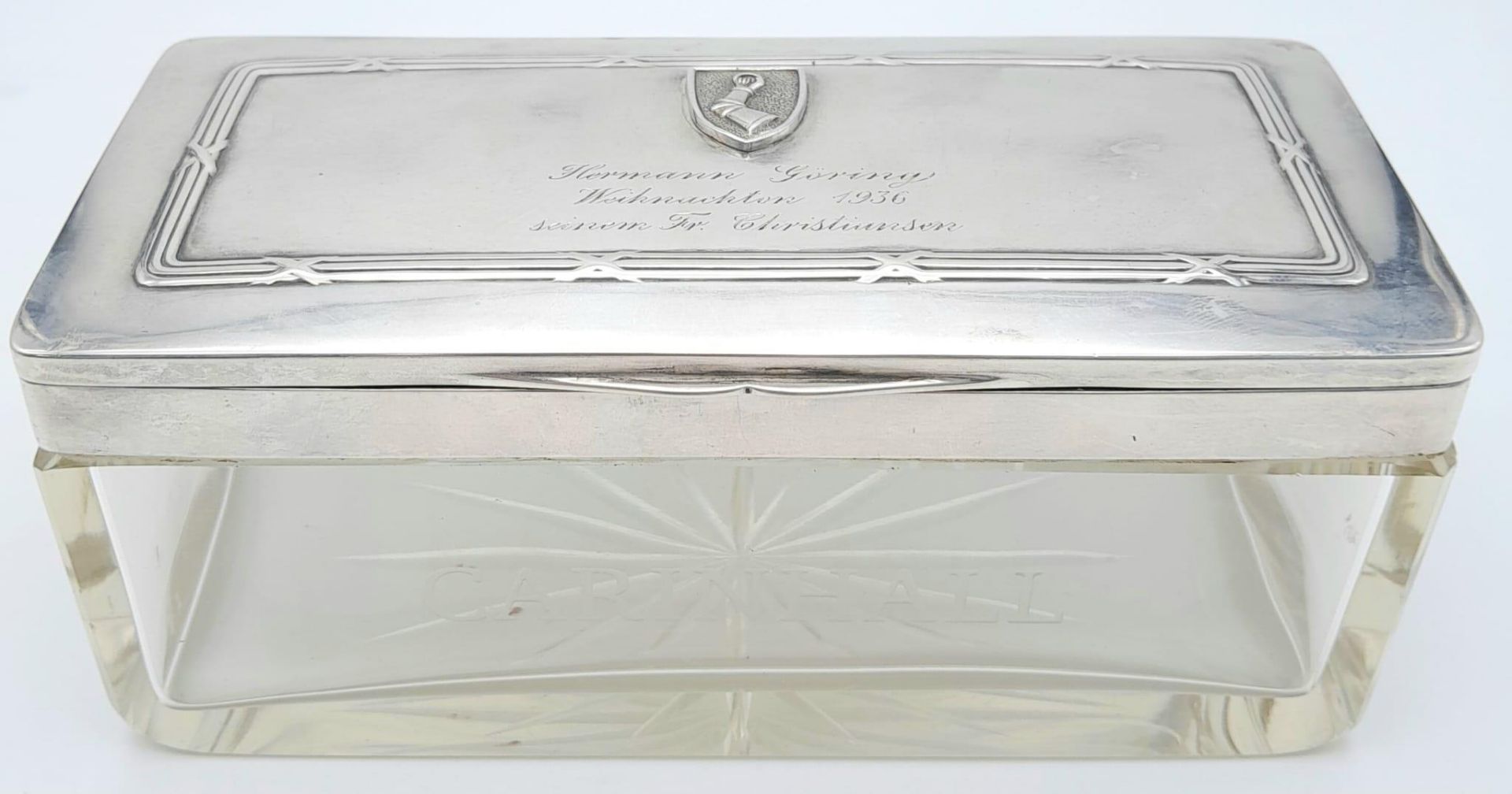 A Rare 1936 Christmas Gift Crystal Glass Box with hallmarked .800 silver lid, that has been hand