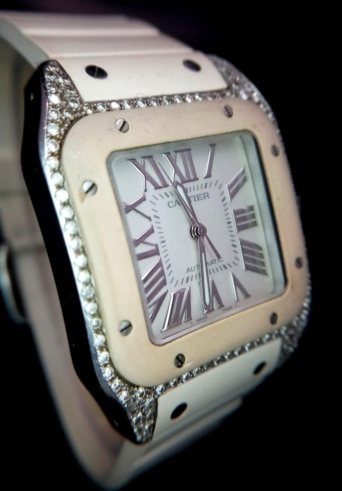 A Cartier Santos 100 Automatic Unisex Diamond Watch. White rubber Cartier strap with diamond buckle. - Image 4 of 8