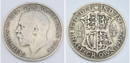 A Rare 1930 George V Silver Half Crown - F/VF grade but please see photos.