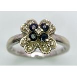 A 9K WHITE GOLD DIAMOND & SAPPHIRE FLOWER CLUSTER RING 2.7G SIZE N ref: SC 8011