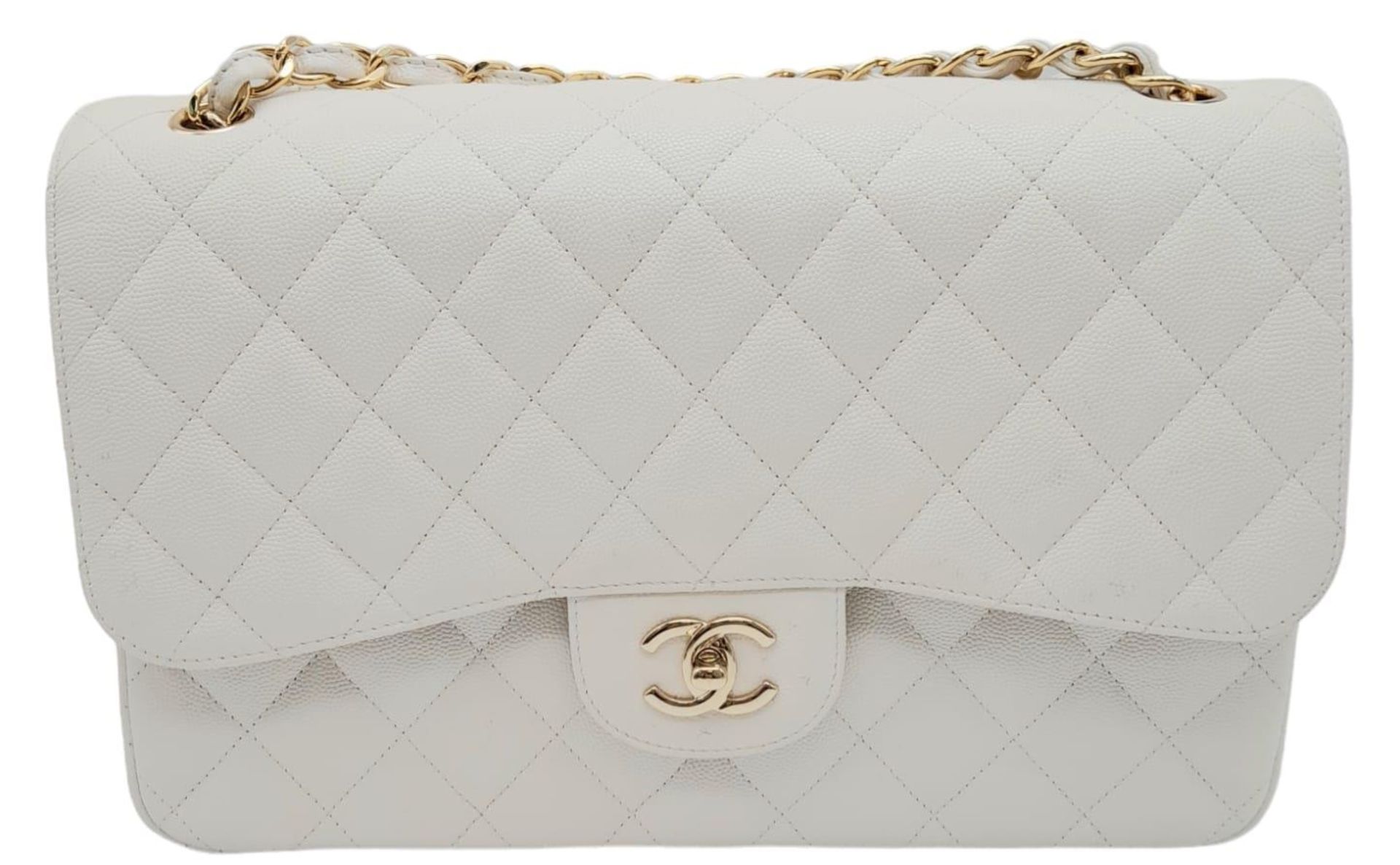 Chanel Caviar Jumbo Single Flap Bag. Quilted white caviar leather stitched in diamond pattern. - Image 3 of 15